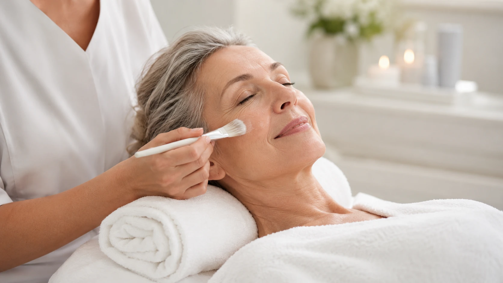 Mature woman receiving an anti-aging facial treatment for healthy, rejuvenated skin after 50