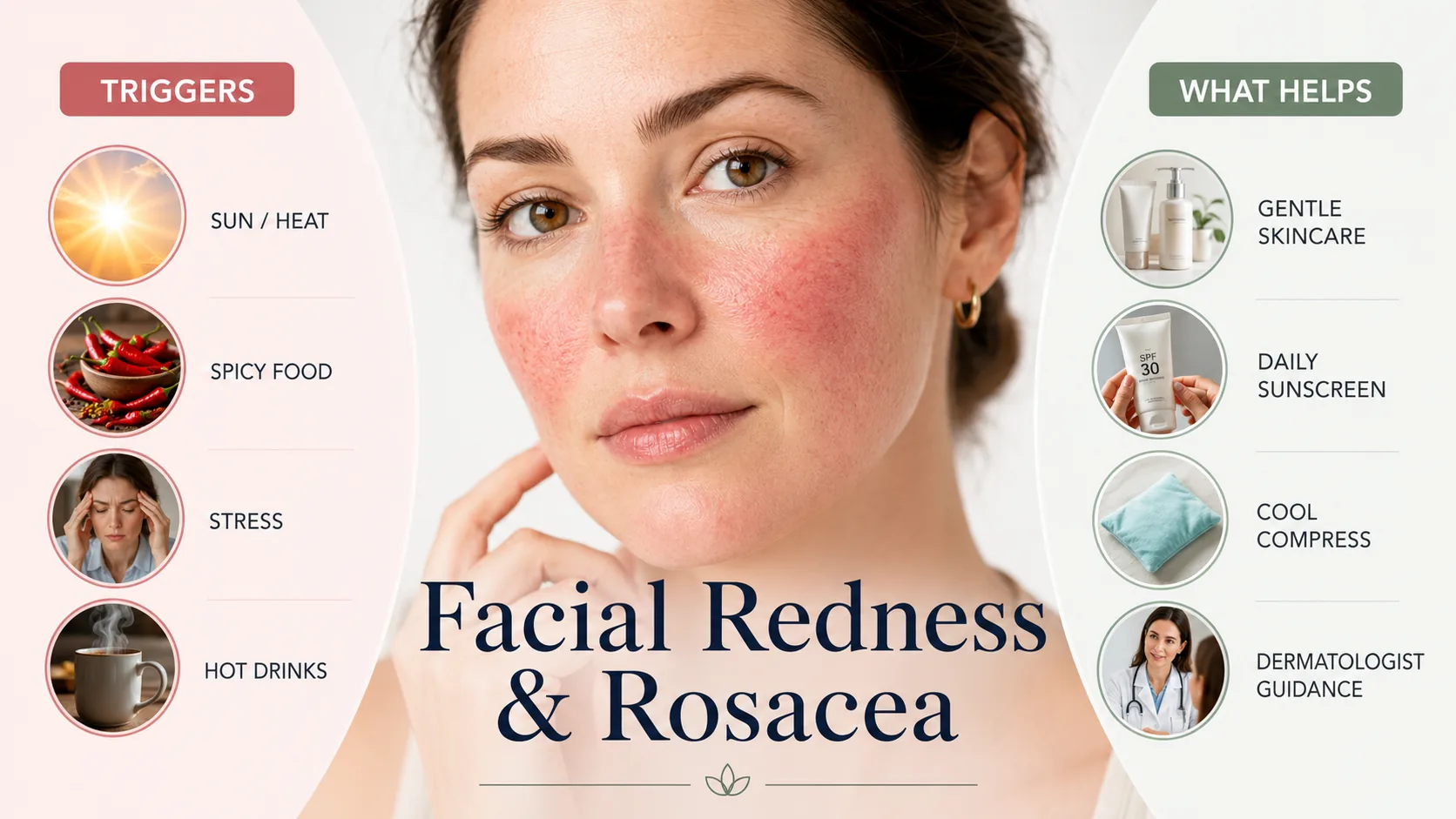Woman with facial redness and rosacea alongside common triggers and helpful solutions, including gentle skincare, sunscreen, cool compresses, and dermatologist guidance.