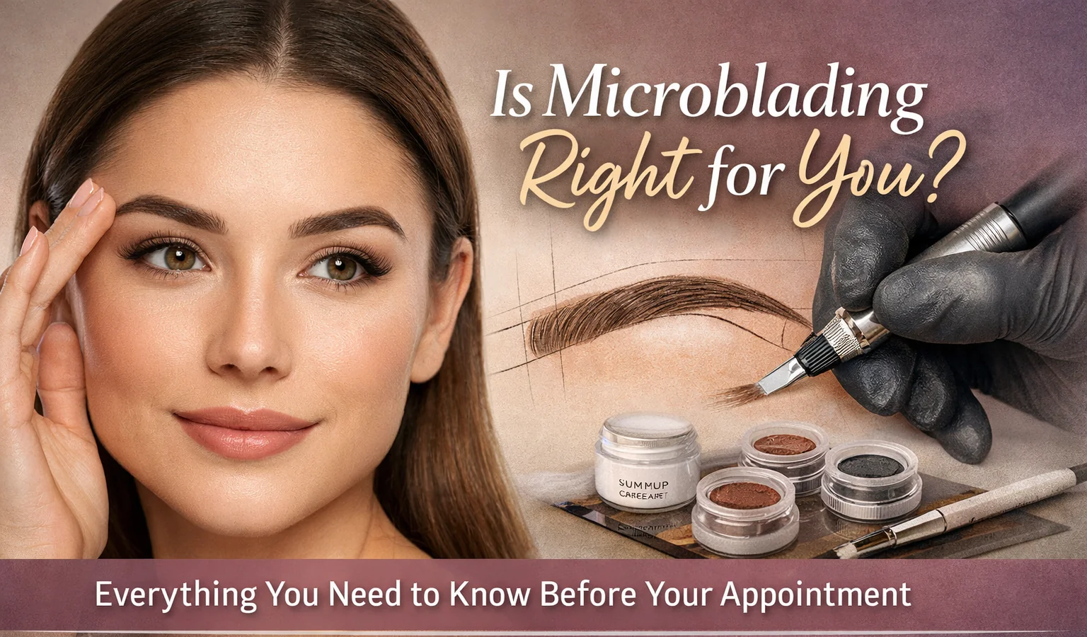 Is microblading right for you featured image showing a woman with defined eyebrows beside a microblading tool creating hair-stroke brows with pigment pots and brow mapping sketch.