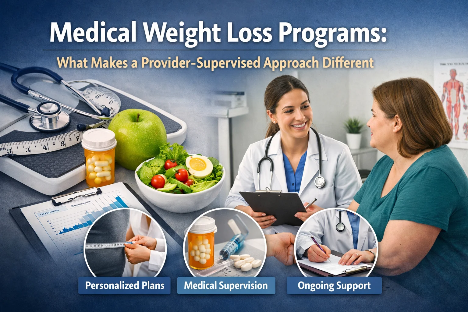 Doctor consulting with patient in a provider-supervised medical weight loss program, with healthy food, scale, and care plan showing personalized treatment and ongoing support.