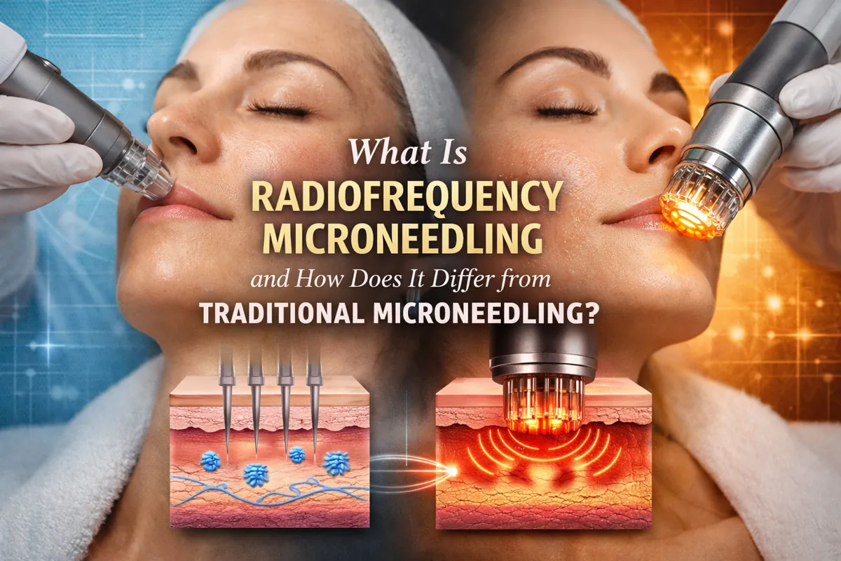 Radiofrequency microneedling device above skin with a dermis cutaway showing RF energy glow compared with traditional microneedling.