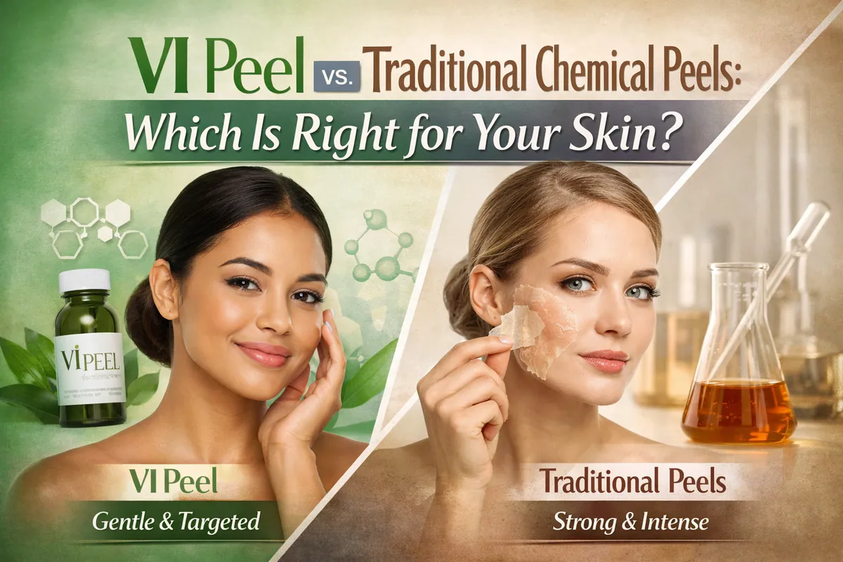 VI Peel vs. traditional chemical peels comparison graphic showing two women—one with glowing skin and one peeling—illustrating which chemical peel is right for your skin in Charleston, WV.